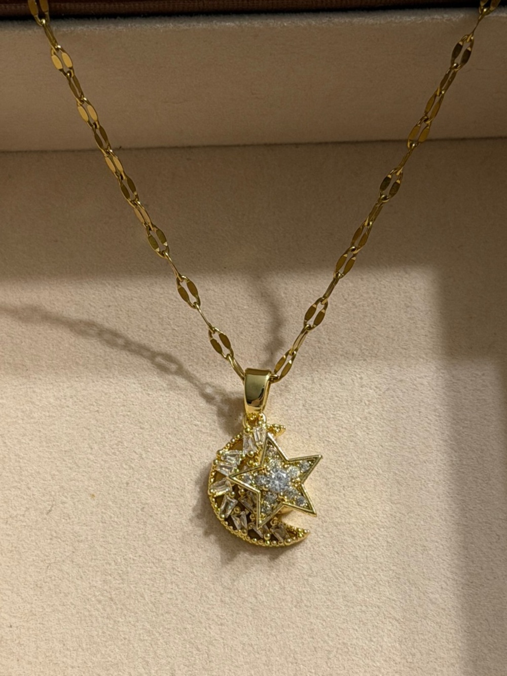 Elegant Golden Moon & Rotating Shining Star Pendant Stainless Steel Necklace